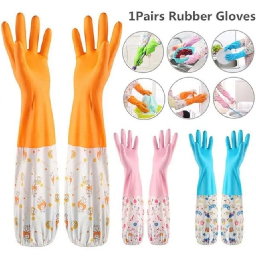 1Pair Lengthen Dishwashing Cleaning Glove Durable Waterproof Cleaning Rubber Long Sleeves for Dish Washing Velvet Lining Household Glove